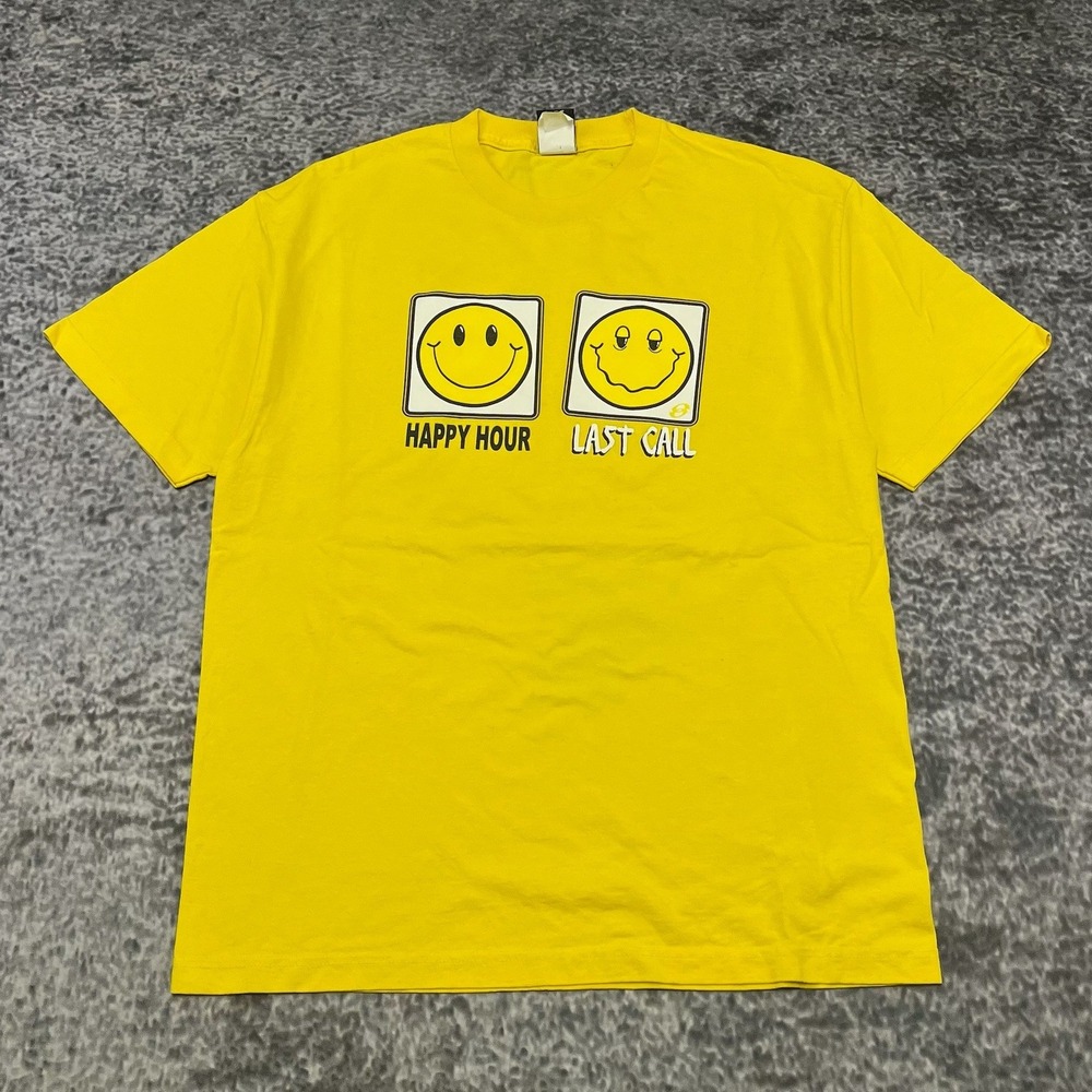 Vintage Y2K Anchor Blue T Shirt "Happy Hour, Last Call" Mens Large Yellow Humor